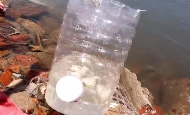 Pescando con una bottiglia di plastica