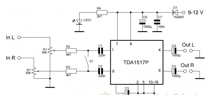 Amplificador mono portátil em TDA1517